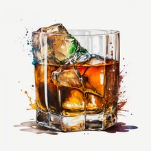 Glass Of Whiskey With Ice. Watercolor Illustration Of An Alcohol Drink (bourbon, Scotch, Brandy, Cognac) Isolated On White Background. Generative AI Art.