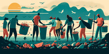 Illustration of a beach cleanup effort, with volunteers picking up trash and debris from the shoreline. Generative AI.