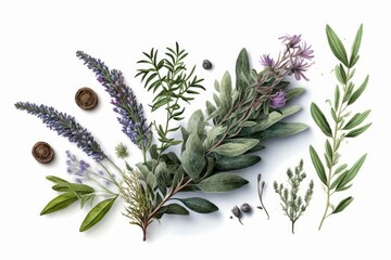 Poster - Lavender, sage, oregano, and thyme, all native to the Mediterranean, are depicted against a white background. Inspiration for outdoor cooking from the arrival of spring. Blanket copy space. Generative