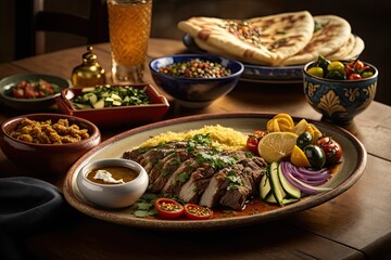 Wall Mural - Lebanese dish with a variety of sides and a main course displayed on a tabletop. Generative AI