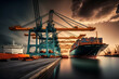 Crane loading cargo container import container ship in the international terminal logistic sea port concept freight shipping. Neural network AI generated art