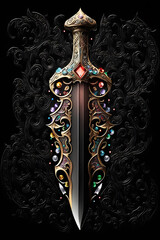 Medieval sword and scabbard. Fantasy golden sword with long blade. Neural network AI generated art