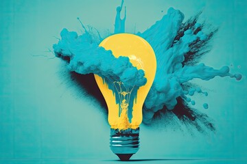 Canvas Print - A spray effect is applied to a yellow lightbulb, which is superimposed over a cyan background. Theorizing ingenuity and originality. Generative AI