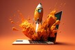 © Deivison - Digital illustration of laptop and rocket, orange  background. Generative AI