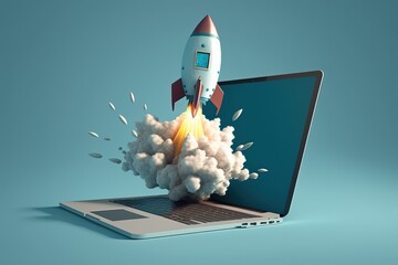 Digital illustration of laptop and rocket, blue background. Generative AI