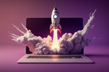 Digital illustration of laptop and rocket, purple background. Generative AI