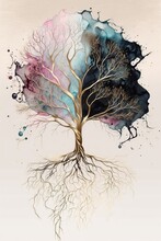 Tree With Branches And Roots Of Watercolour And Alcohol Ink, Made With Generated Ai