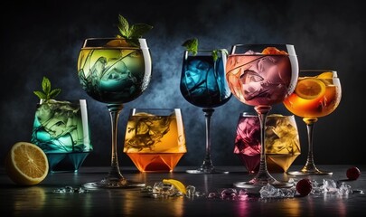 Poster -  a group of glasses filled with different types of drinks and garnishes.  generative ai