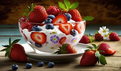 Wall Mural -  a bowl of strawberries and blueberries on a table.  generative ai