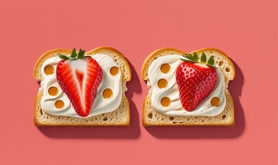  two slices of toast with cream and strawberries on them.  generative ai