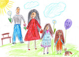 Fototapeta Do akwarium - Child drawing of a happy family on a walk outdoors with a dog