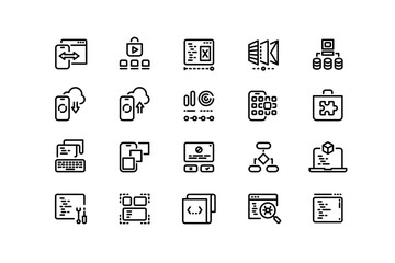 Wall Mural - app development line icons. software coding, front and backend development, ui layout and performanc