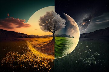 Wall Mural - concept of spring equinox. day and night, sun and moon meeting together on the split landscape. gene