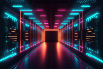 Wall Mural - A fantastic neon tunnel, the corridor of a spaceship. Immersion in virtual reality, artificial intelligence. Dark abstract background with multicolored glow. 3D rendering. AI generated.