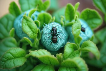 Poster - Ant nest on a peppermint plant. In Italy, a biodynamic garden. Pestilent houseplant. Generative AI