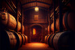 Cellar, wine room. A lot of oak barrels with cognac spirit at the winery. Winery interior.