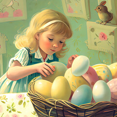 little girl decorating easter eggs, vintage style