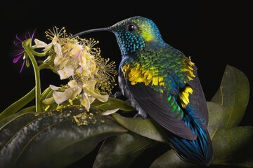 Poster - Eriocnemis luciani, sometimes known as the sapphire vented puffleg, is a species of hummingbird native to Colombia, Ecuador, Peru, and Venezuela that feeds on the nectar of the yellow bloom Helianthea