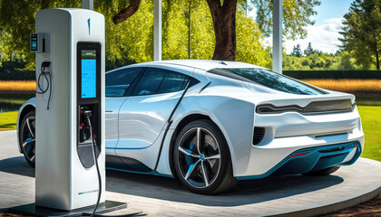 EV futuristic sport car charging with charger at electric charge station, Generative AI