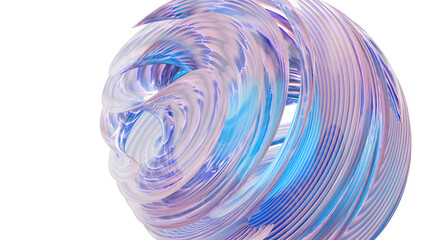 Abstract glass geometric composition, iridescent holographic crystal shapes with gradient texture in motion  Spiral twisted fluid forms, isolated digital art object transparent back. 3D illustration. 