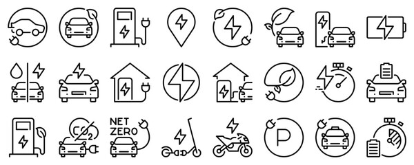 Wall Mural - line icons about electric vehicles on transparent background with editable stroke.