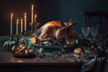 Poster - Christmas and New Year's Day dinners of roasted chicken or turkey, festive table settings, mulled wine, and holiday trimmings, and a narrowed viewpoint. Generative AI