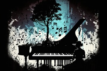 Wall Mural - Piano and musical notes are seen in this illustration (silhouette). Generative AI