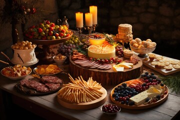 Sticker - the spread of delicious treats on the holiday table. buffet spreads of fruit, cheese, canapés, and cold meats. Catering. Generative AI