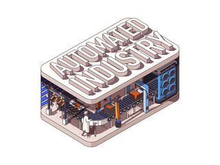 Fototapete - Automated industry concept in 3d isometric graphic design. Smart manufacturing process with robotic arms works on conveyor. Illustration with people in isometric room interior for web banner