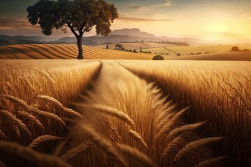 Beautiful summertime scene of a wheat field near Florence, Tuscany, Italy. Breathtaking view of the Italian countryside at dawn. The background concept is the beauty of nature. Generative AI