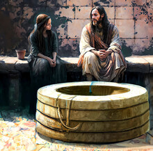 Painting Of Jesus Talking To The Samaritan Woman At The Well, Living Water, Created With Generative AI Technology