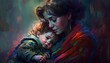 Child in his mother lap colourfull painting ultra 4k illustraion. Generated Ai