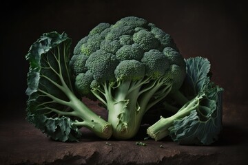 Sticker - Newly harvested green broccoli, set against a rich chocolate color. Close up photograph of a green, fresh vegetable, broccoli. Eat your greens; they're good for your diet and your health. Food that is