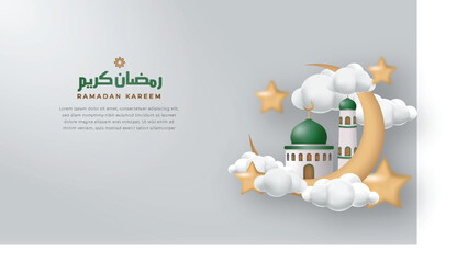 Canvas Print - 3d vector ramadan background with mosque,crescent, star and cloud. simple and clean