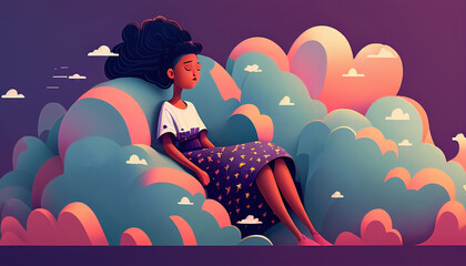 Young woman drawing dreams on top of the clouds. Sensation of reaching unimaginable heights. Feeling of freedom, possibility and hope. Lady is imagining something magical and fascinating. Ai generated