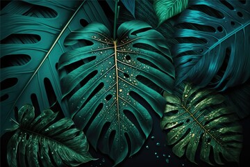 Wall Mural - Abstract floral background with dark green tropical leaves