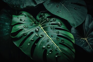 Wall Mural - Abstract floral background with dark green tropical leaves