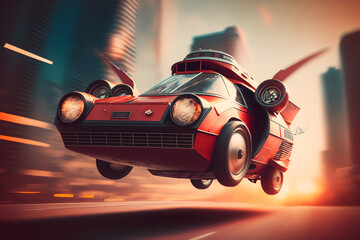 AI Generative. Futuristic red car flying in a sky, transportation concept