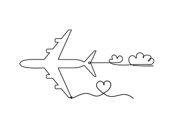 Wall Mural - Abstract plane with heart as line drawing on white background