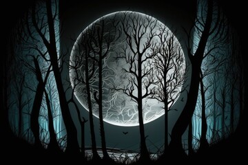 Wall Mural - Shadowy woods. Trees, a huge moon, and a gloomy nighttime sky. Reek, cast a shadow. A cold, dark, abstract backdrop for a city street. A look at the nighttime. Generative AI