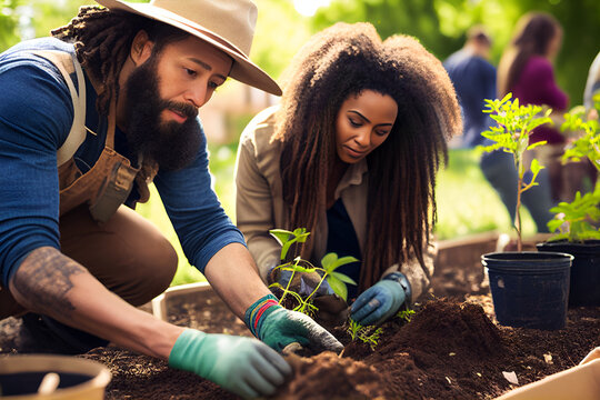 african american couple planting trees in community garden, generative ai