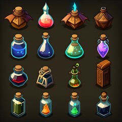 Set of RPG game icons, sprite sheet of magic potions, generative ai, 2d magical element icon, collection of alchemy bottle spell button