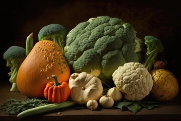 Canvas Print - mixed harvest of cold weather produce ( pumpkin, gourd, cauliflower, broccoli, carrot). Generative AI