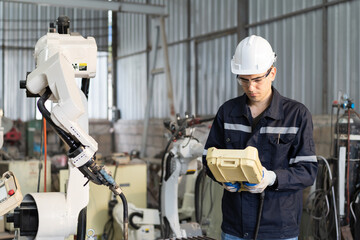 Aufkleber - Male engineer control robot arm by remote robot control in workshop. Male technician working with control automatic robot arm system welding. Industry robot manufacturing technology