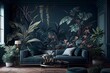 living room interior with sofa, Red and green leaves, Classic tropical plant wallpaper, generative ai, high quality