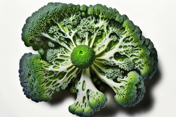 Poster - As the title suggests, this white background features broccoli cabbage. Broccoli, seen from above. Macro texture of raw broccoli. Generative AI