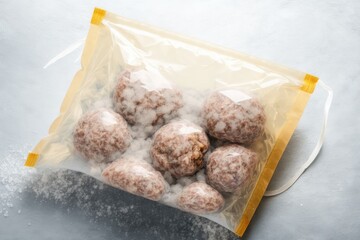 Poster - Meatballs made from ground pig, beef, lamb, or chicken that have been frozen in a plastic bag for long term storage and easy preparation. a copy space food background top. Generative AI