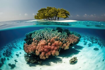 Poster - Coral reefs and tropical vegetation characterize the Maldives. Generative AI