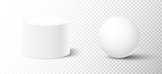 Realistic white cylinder and sphere with shadow isolated on transparent background. Geometric shapes in front view. Concept for advertising or presentation. 3d vector illustration