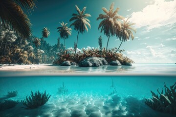 Poster - Palm trees that seem to float above the water in a tropical paradise. Sunny with blue skies and a sea of the same color. The beach and water along the shore are bathed in sunlight. Generative AI